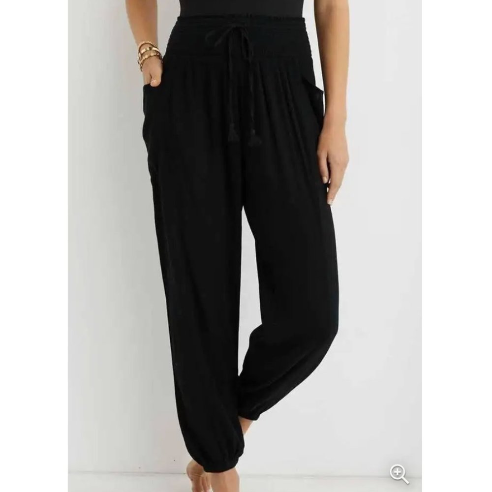 Aerie Smocked High Waisted Beach Pant Black